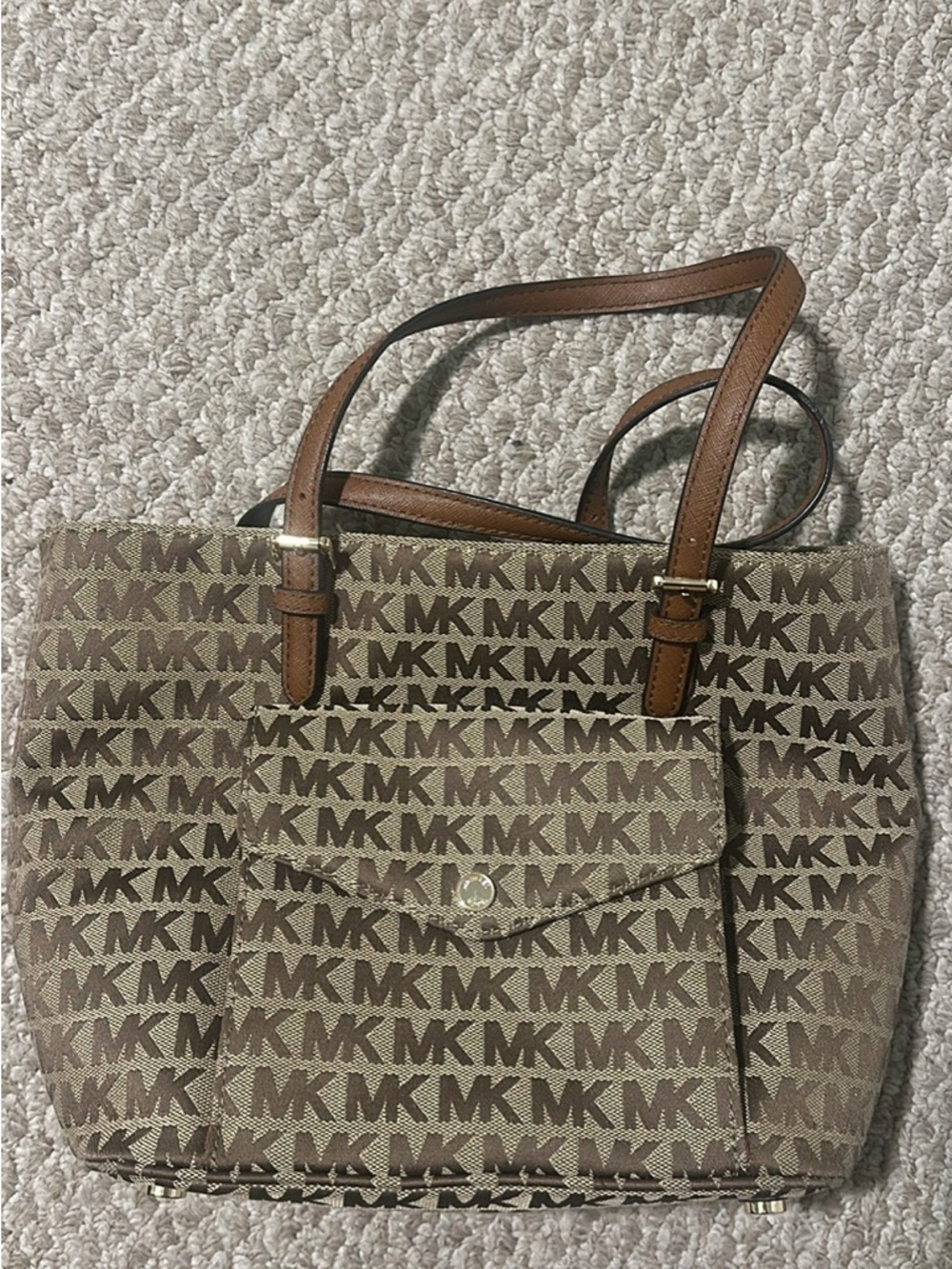 Michael Kors Tan & Brown Signature MK Tote with Front Flap Pocket